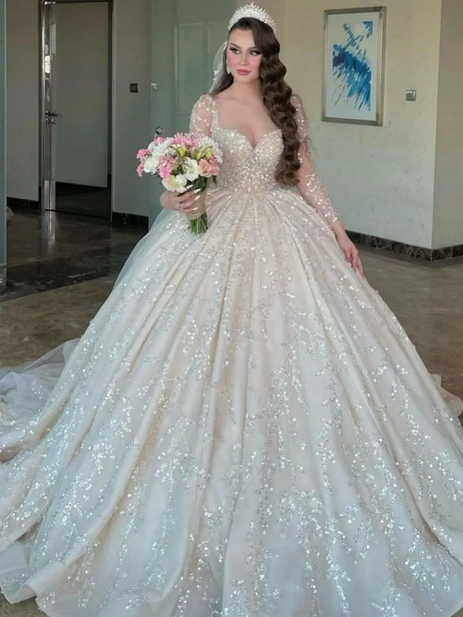 Personalizado luxo manga longa dubai vestido de casamento vestido de baile plus size lantejoulas miçangas ilusão árabe saudita vestido de noiva