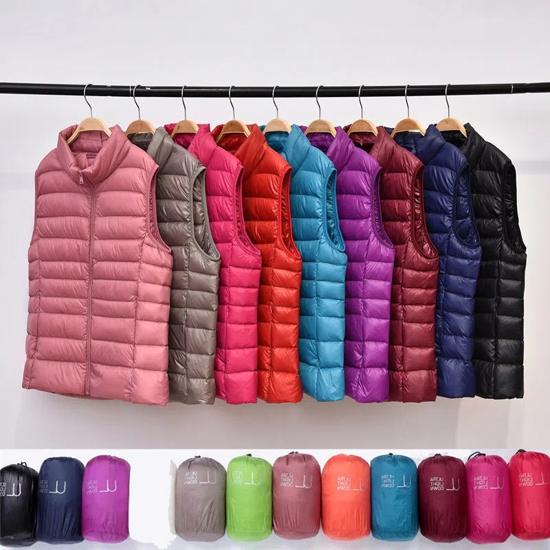 Otoño Invierno ultraligero mujer abajo chaleco chaqueta sin mangas pato blanco abajo cálido chaleco prendas de vestir exteriores abrigos para mujer portátil