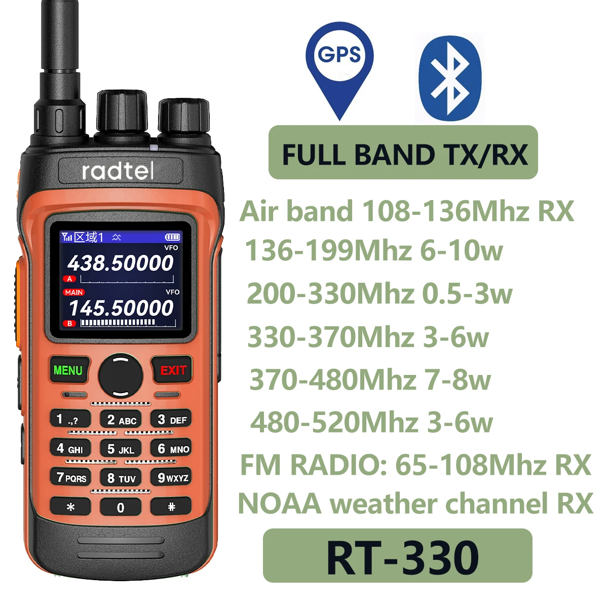 Radtel RT-330 gps bluetooth app programmierung ham walkie talkie10w power full band 136-520mhz tx rx air band empfangen noaa usb c