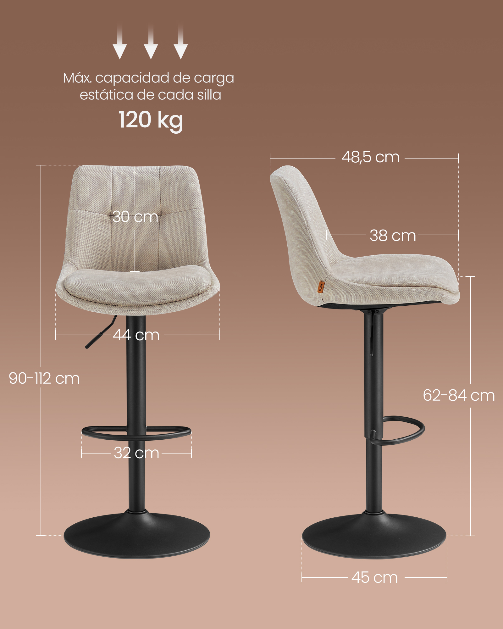 VASAGLE Juego de 2 Taburetes de Bar, Sillas Altas Giratorias Regulables en Altura, Sillas de Cocina con Respaldo y Reposapiés, Comedor, Mostrador, Acero, Marrón Camello