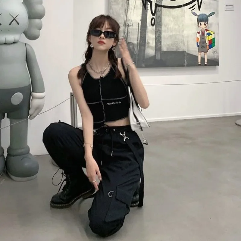 새로운 하라주쿠 고스 조깅 카고 바지 여성 streetwear 블랙 하이 웨이스트 솔리드 컬러 오버 사이즈 바지 캐주얼 바지 여성