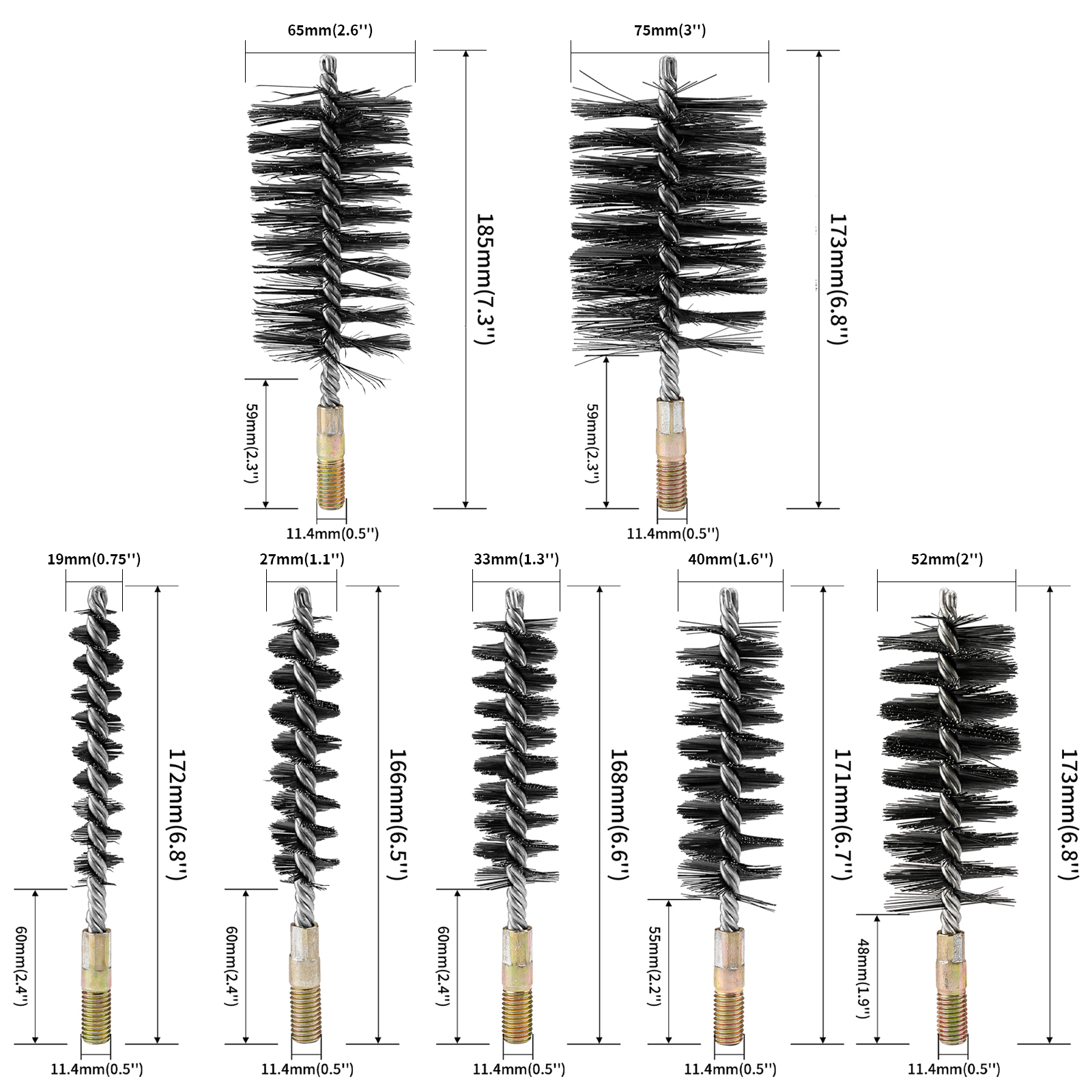 1Pc M12 Threaded Brush Stainless Steel Wire Tube Brush Chimney Cleaning Tool Round Handle Rust Removal Wire Brush 18-75mm