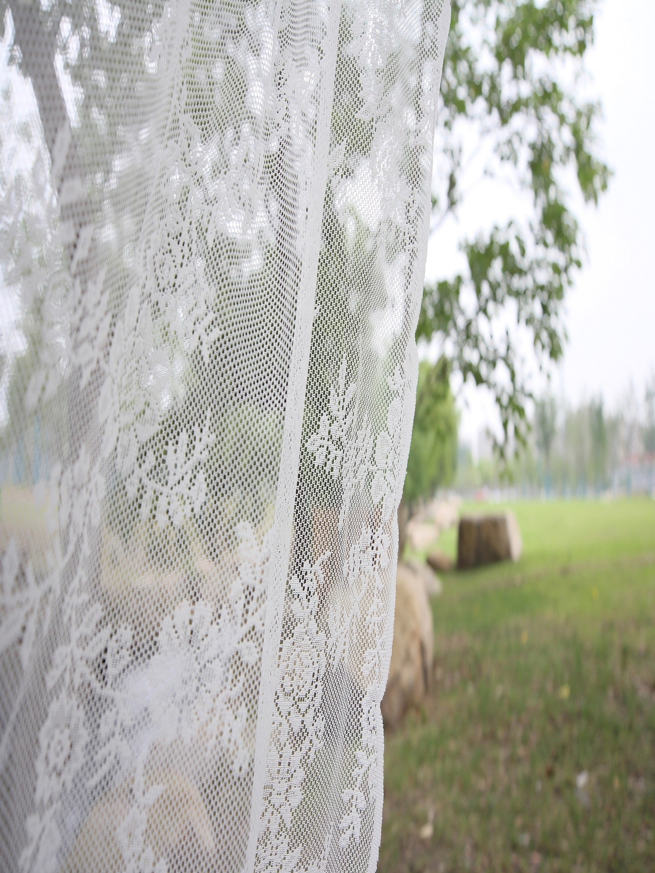White French Lace Semi Transparent Rod Curtains Suitable For Filtering Light In Living Room Windows, One Piece Set