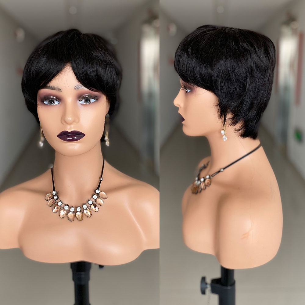 Peruca curta de corte pixie, cabelo humano pronto para usar, cabelo humano brasileiro para mulheres, cor preta, máquina completa, perucas curtas e retas