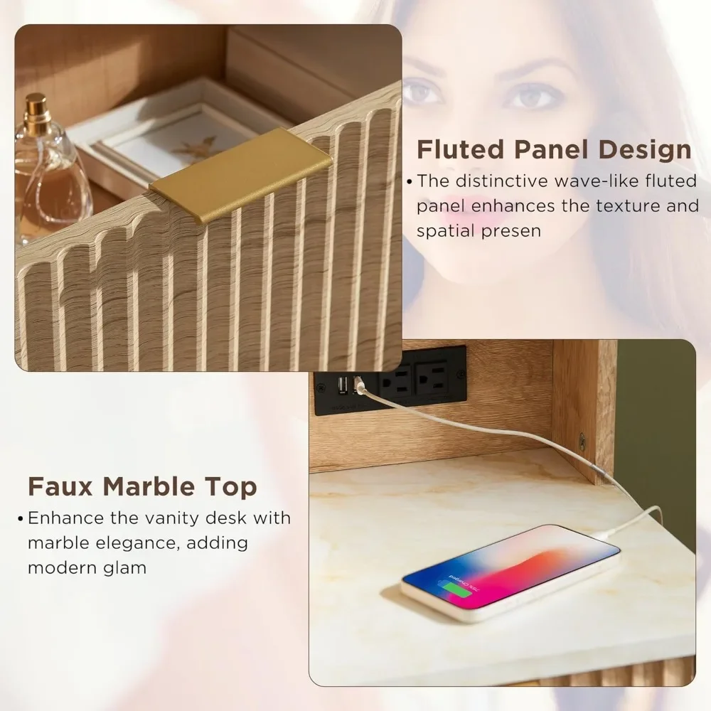 48" Fluted Makeup Vanity Desk Large 36" Mirror and Lights, Glass Top Big Vanity Table 5 Drawers & Adjustable Shelves