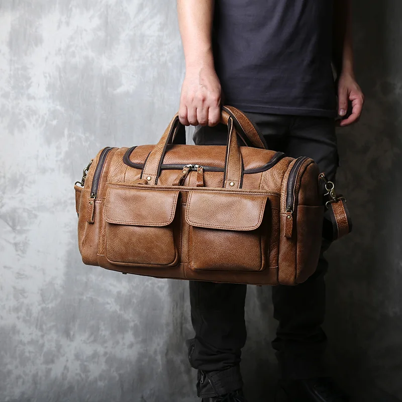 Retro Men 'S First Layer Cowhide ขนาดใหญ่แบบพกพากระเป๋าสะพายหนังกระเป๋าหิ้ว