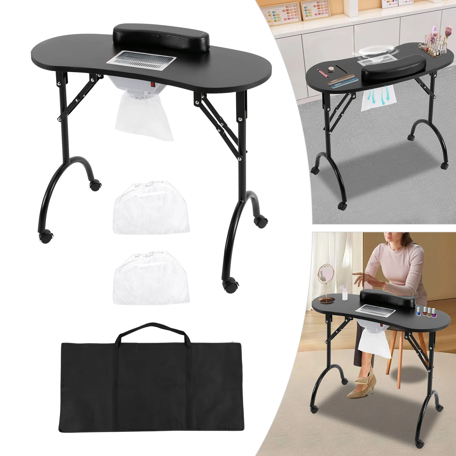 Mesa de unhas dobrável com rodas multifuncional mesa de manicure portátil, mesa de MDF para famílias, salões de unhas