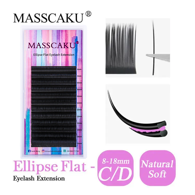 MASSCAKU pestañas súper suaves con forma de elipse 0,15 0,20 de espesor extensión de pestañas de visón sintético Natural logotipo personalizado pestañas planas mate