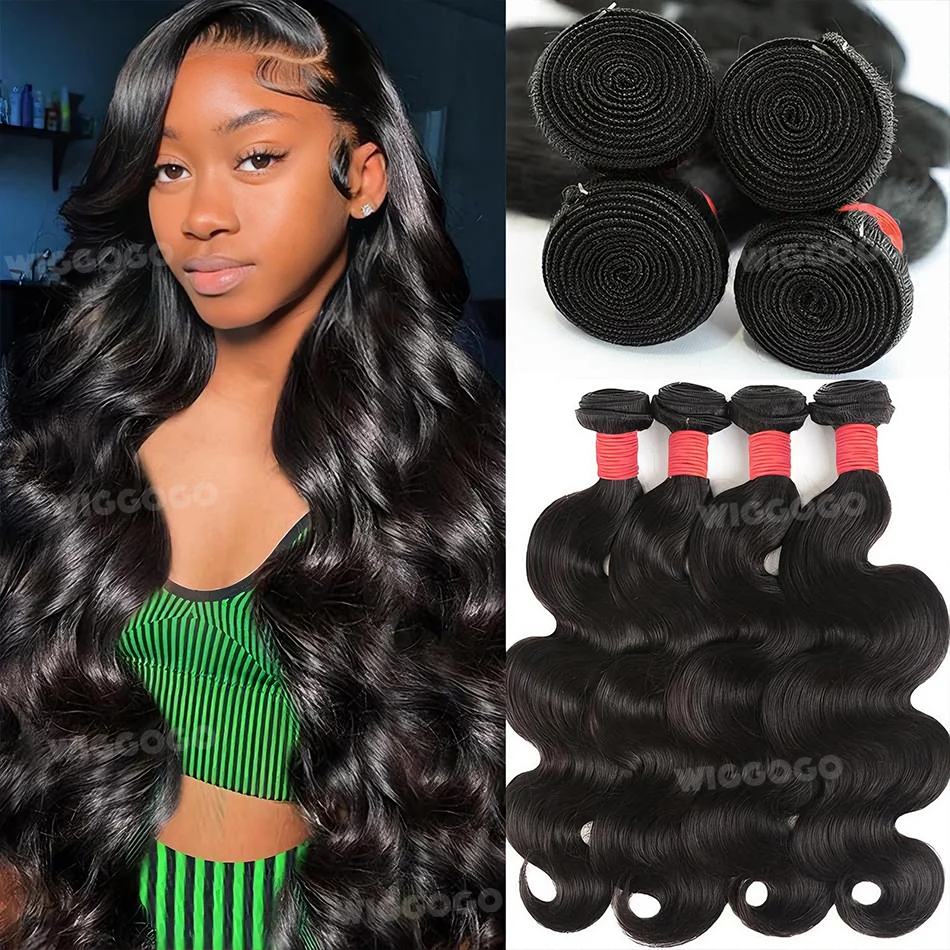 Wiggogo onda do corpo pacotes com fechamento cabelo humano brasileiro 1/3/4 peças com extensões de onda de água não processadas pacotes negócio