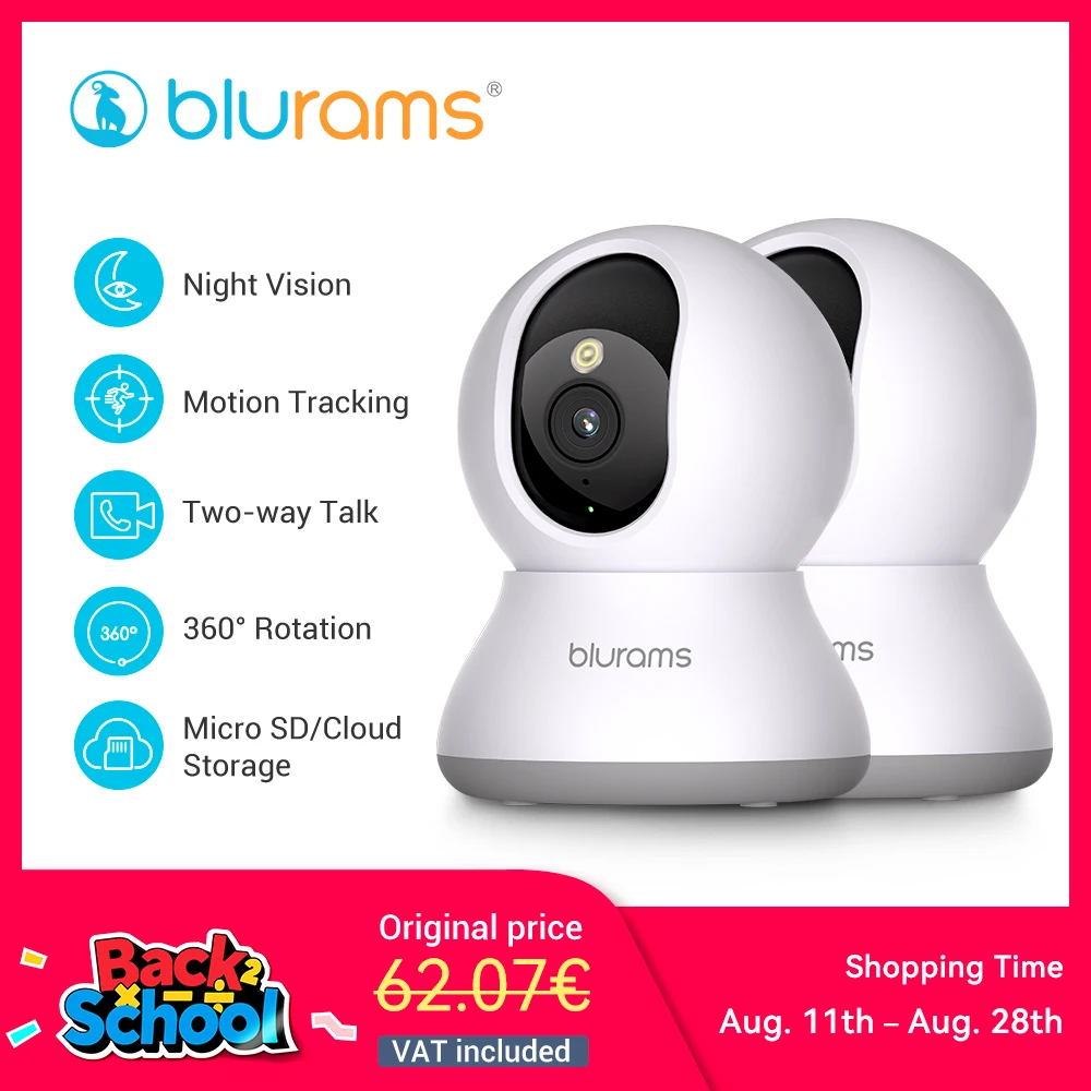 Telecamera di sicurezza interna Blurams da 2 pezzi 2K, telecamera di sicurezza domestica per cani/anziani, telecamera di sicurezza con aggiornamento chiamate one-touch A31S-2pc