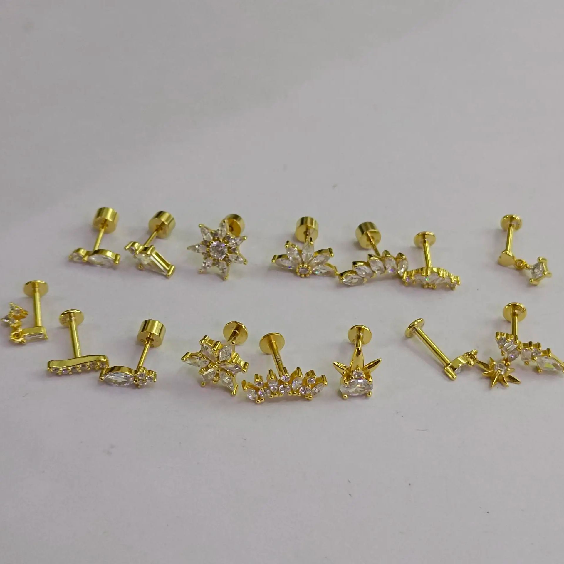 CANNER 1Pc 925 Silver Smooth Stars Moon Stud Earrings For Women 18K Gold Flat Head Threaded Puncture Ear Bone Ins Fine Jewelry