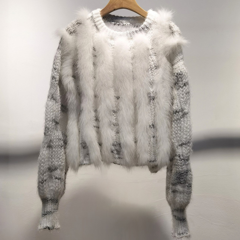 Real Fox Fur Stripe Knitted Short Pullover Sweater Long Sleeve O-neck Women Pull Jumpers Female Fur Trim Sweaters