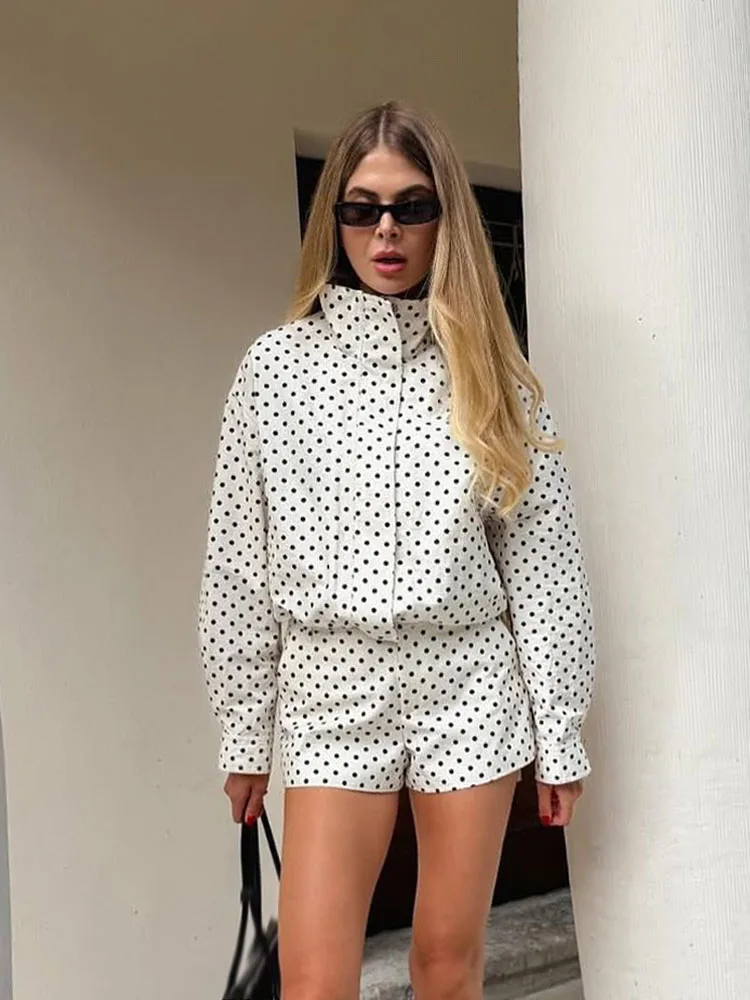 HH Mulher Outono Mangas Compridas Gola Alta Zíper Com Bolsos Cordão Casacos Casuais Mulheres Moda Polka Dot Impresso Jaqueta