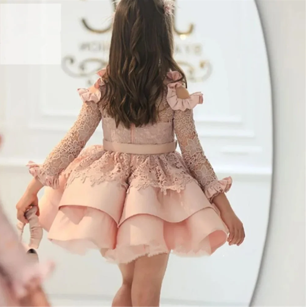 Robe de fille de fleur pour fille de Communion mignonne princesse col haut avec manches d'illusion dentelle Corest jupe moelleuse robe de bal partie formelle