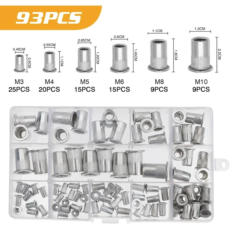190/93 Uds. Juego de tuercas ciegas de aluminio, tuercas de inserción roscada, tapa de tuerca, tuercas de remache de cabeza plana de acero al carbono M3 M4 M5 M6 M8 M10