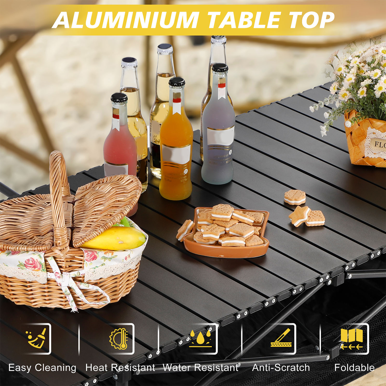 Table longue pliante d'extérieur, rangement Portable, bureau de Camping noir, Table de Barbecue, pique-nique, pêche, facile à installer avec sac en filet