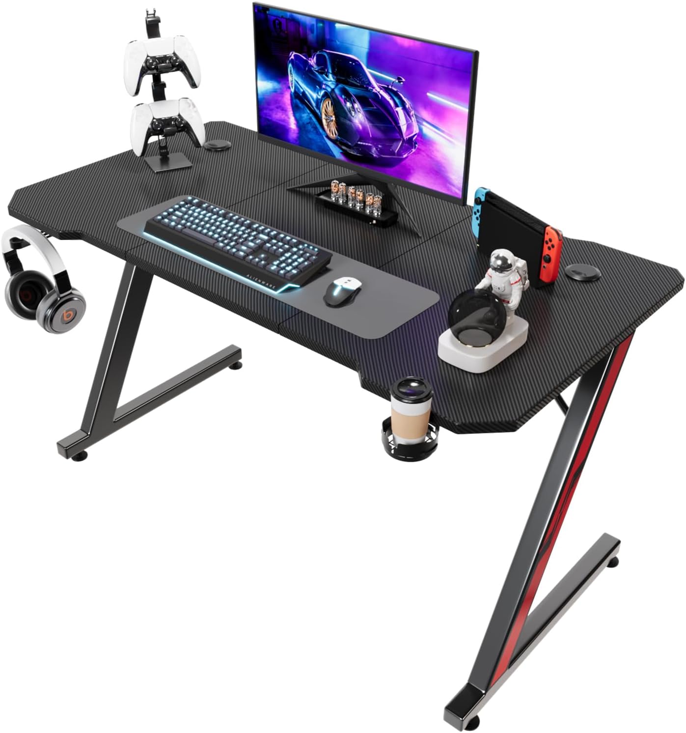 Gaming-Tisch 120 x 60 cm, Z-Frame-Gamer-Schreibtisch mit Kopfhörerhaken und Becherhalter, Kohlebeschichtung Ergonomisch