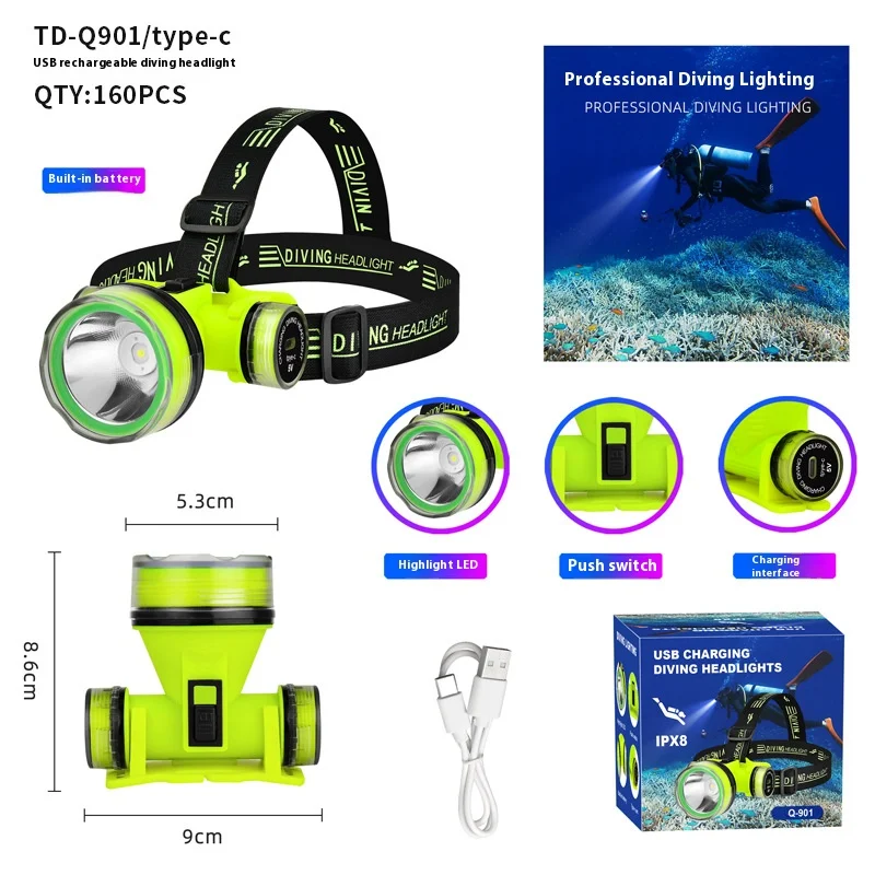 Faro de buceo recargable portátil, sumergible subacuático de 350m, resistente al agua, LED superbrillante, faro para pesca submarina, nuevo