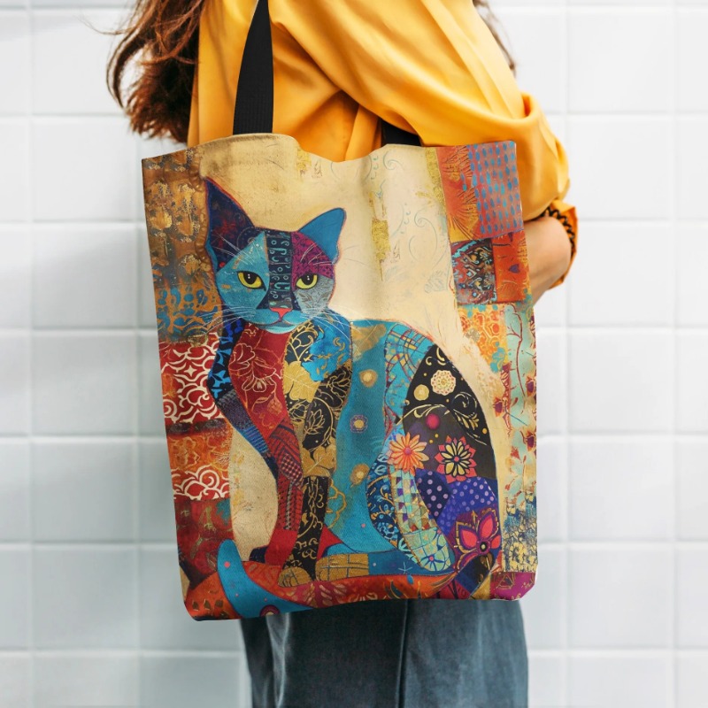 Borsa tote con motivo gatto floreale, borsa a tracolla per scuola in tela estetica, borsa per la spesa leggera