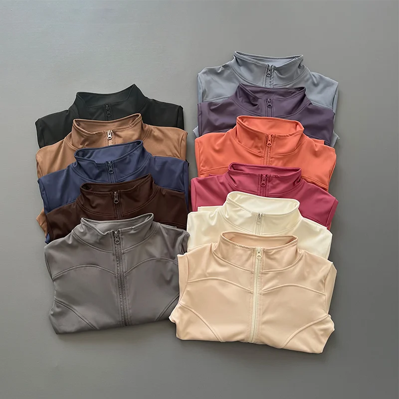 Chaqueta de entrenamiento para mujer, elástica, ajustada, con cremallera frontal, manga larga, para correr, Yoga, adelgazante, cintura, cuello levantado, deportes de secado rápido