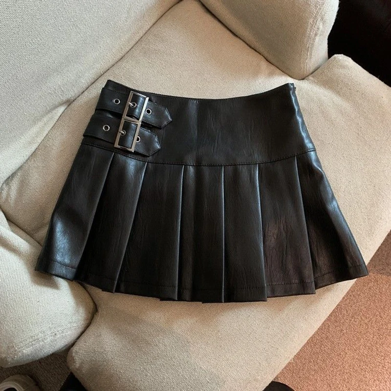 XS-3XL Y2K Pu Lederen Mini Rokken Vrouwen Streetwear Hoge Taille Plooirok Vintage Koreaanse Zwarte Slanke Casual Een Lijn Rokken