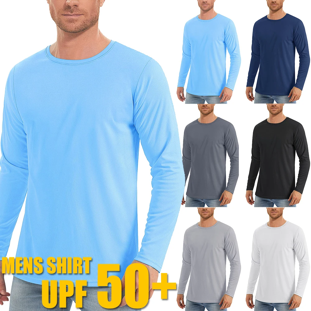 UPF50+ Herren-T-Shirt mit Sonnenschutz, UV-Schutz, einfarbig, langärmelig, Rundhalsausschnitt, Outdoor, Wandern, Angeln, schnell trocknende Oberteile