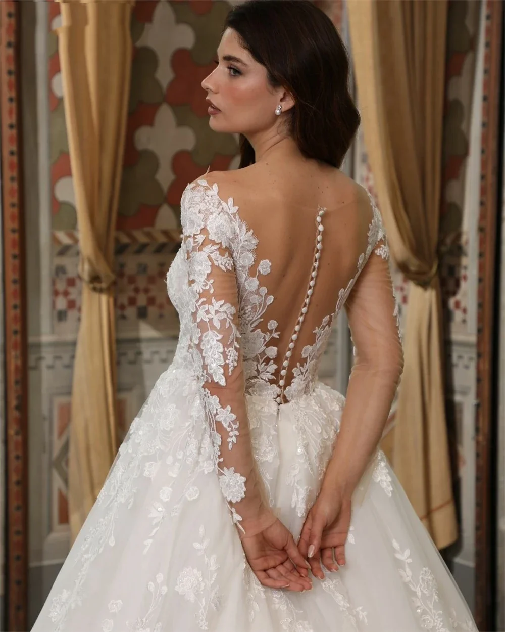 Flavinke ที่กําหนดเอง BOHO ชุดแต่งงาน Tulle 2025 V คอ A-Line ลูกไม้ Appliques จีบประณีตเจ้าสาวชุดราตรีชุดเจ้าสาว