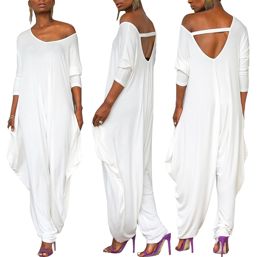 Frauen Overalls Ein Stück Langarm Skew Kragen Einfarbig Overalls Breite Bein Hosen Lose Fit Sexy Backless High Street