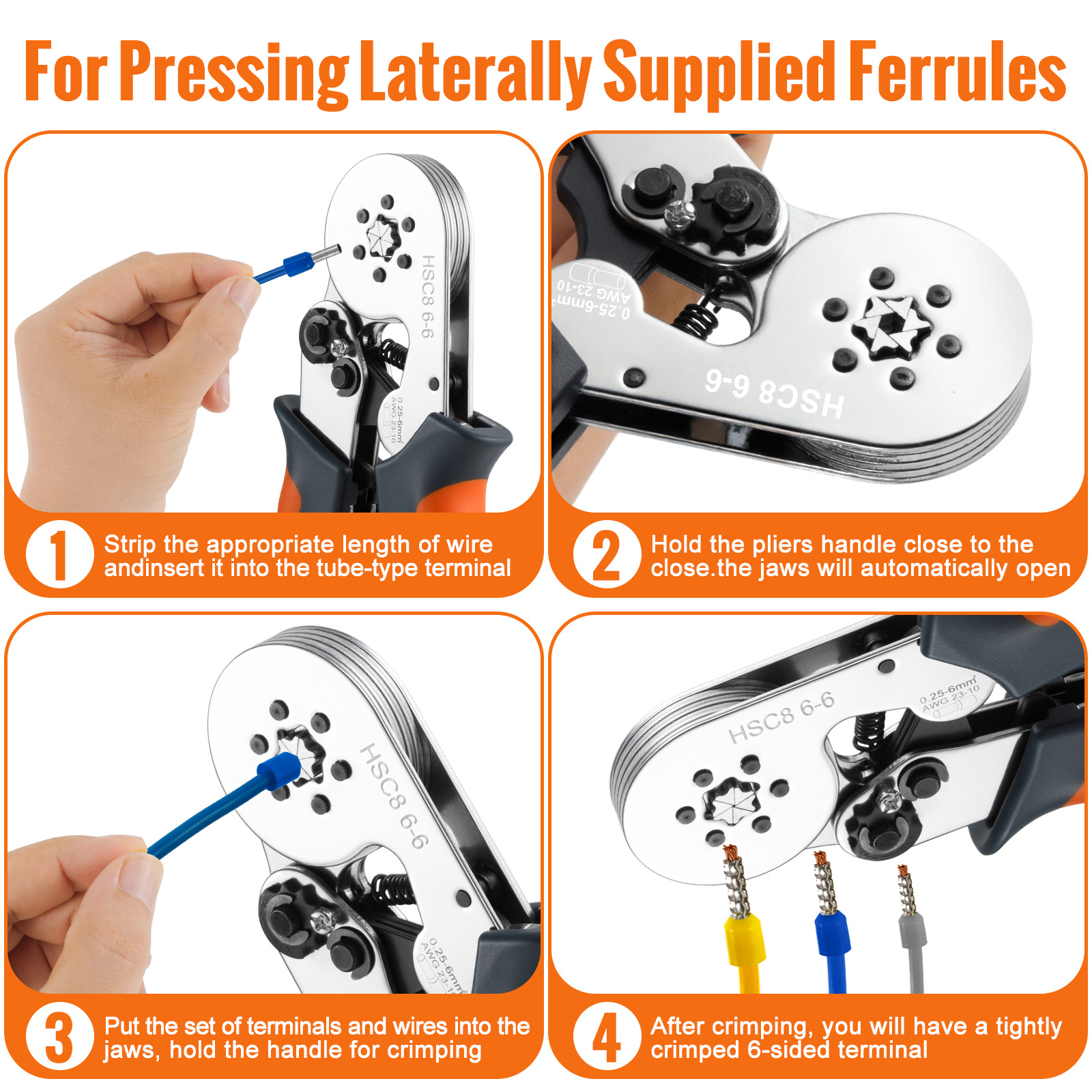 Ferrule Sleeves Terminal Crimping Tools Mini Electrical Pliers HSC8 6-4/6-6(0.25-10mm²/0.25-6mm²) Wire Connection Repair Clamp