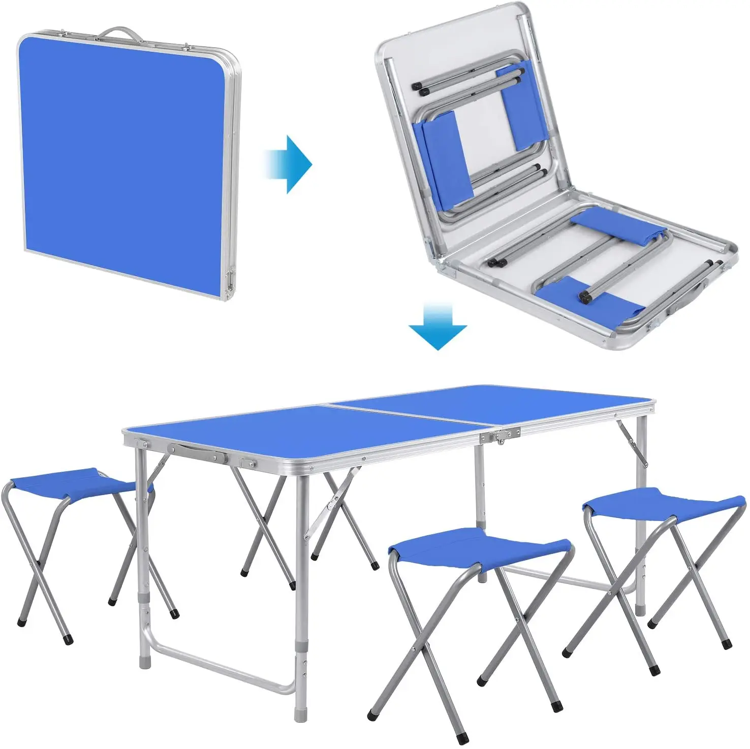 Mesa de camping de aluminio plegable de 120 cm con 4 taburetes, mesa plegable de jardín, juego de mesa y sillas para exteriores
