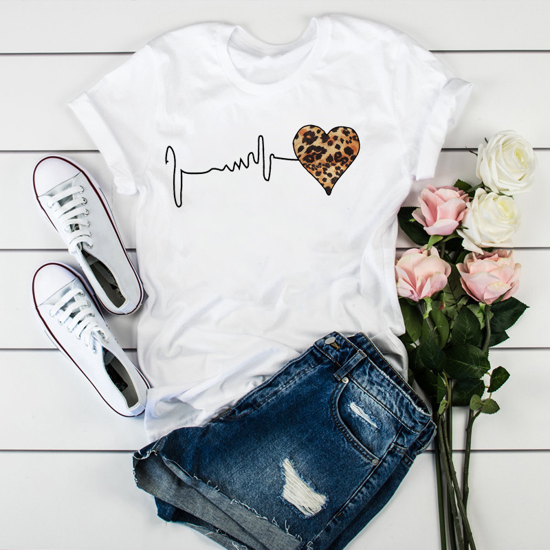 Estate Nuovo anni '90 Leopard Heartbeat Manica corta Stampa Abbigliamento T-shirt da donna Harajuku Abbigliamento grafico Top da donna, Drop Ship
