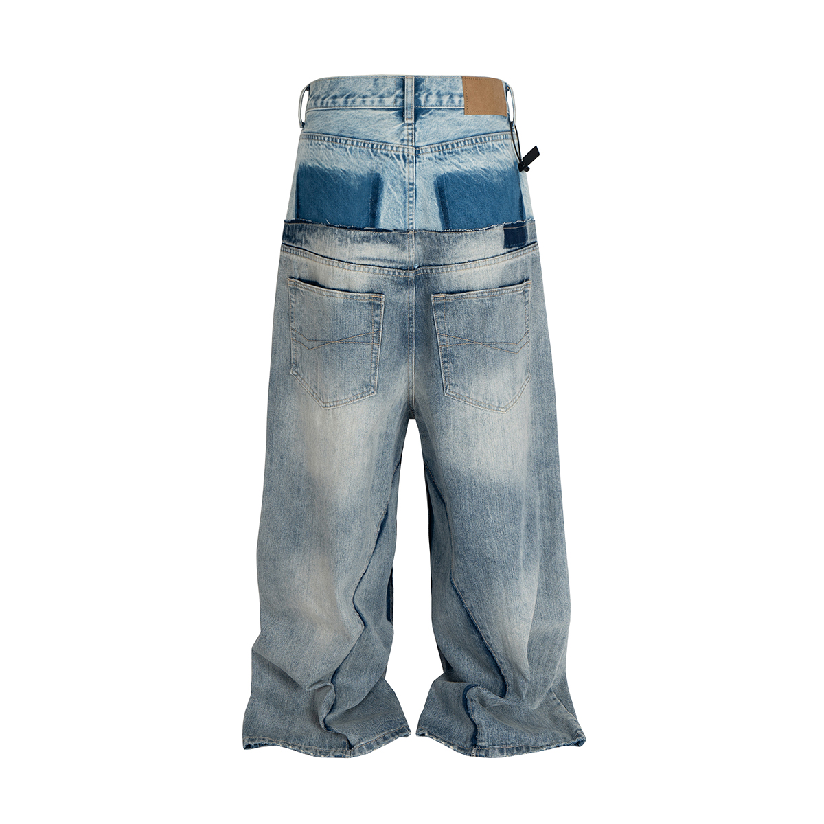 CUT-UP dubbellaagse patchwork baggy jeans met dubbele taille voor heren en dames Rechte casual losse denimbroek Oversized