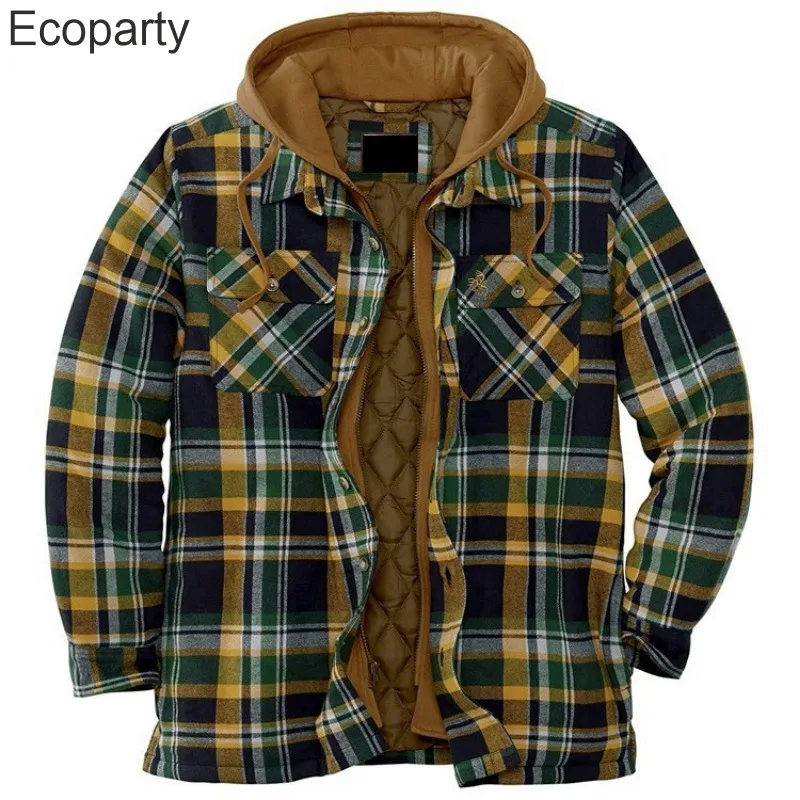 Homens jaquetas de inverno harajuku camisas xadrez casacos com capuz zíper manga longa camisas casuais básicas jaquetas estilo europeu tamanho S-5XL