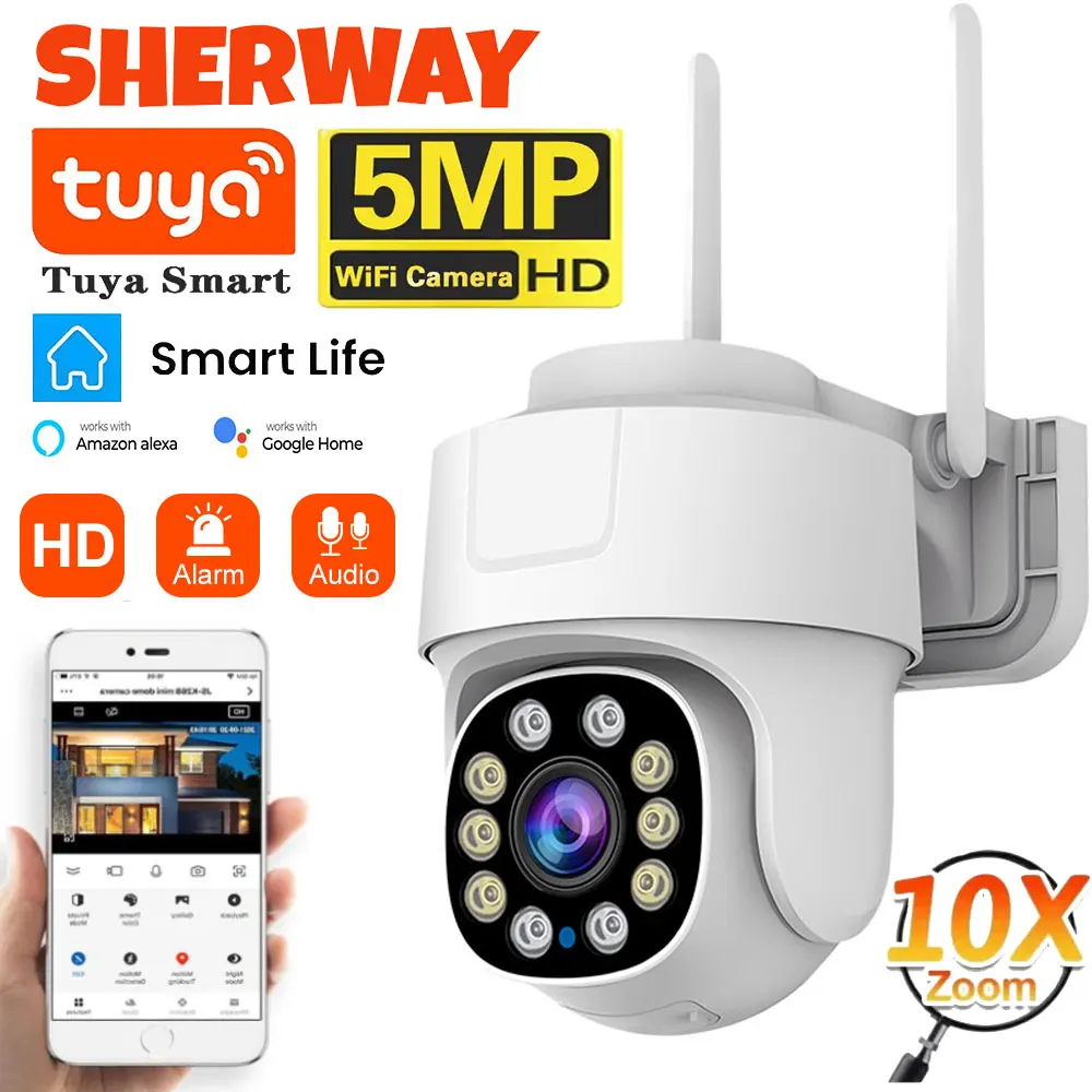 Tuya-cámara PTZ con Wifi para exteriores, cámara IP de seguridad con Zoom 10X, 5MP, visión nocturna a todo Color, Audio, vigilancia, detección de movimiento humano