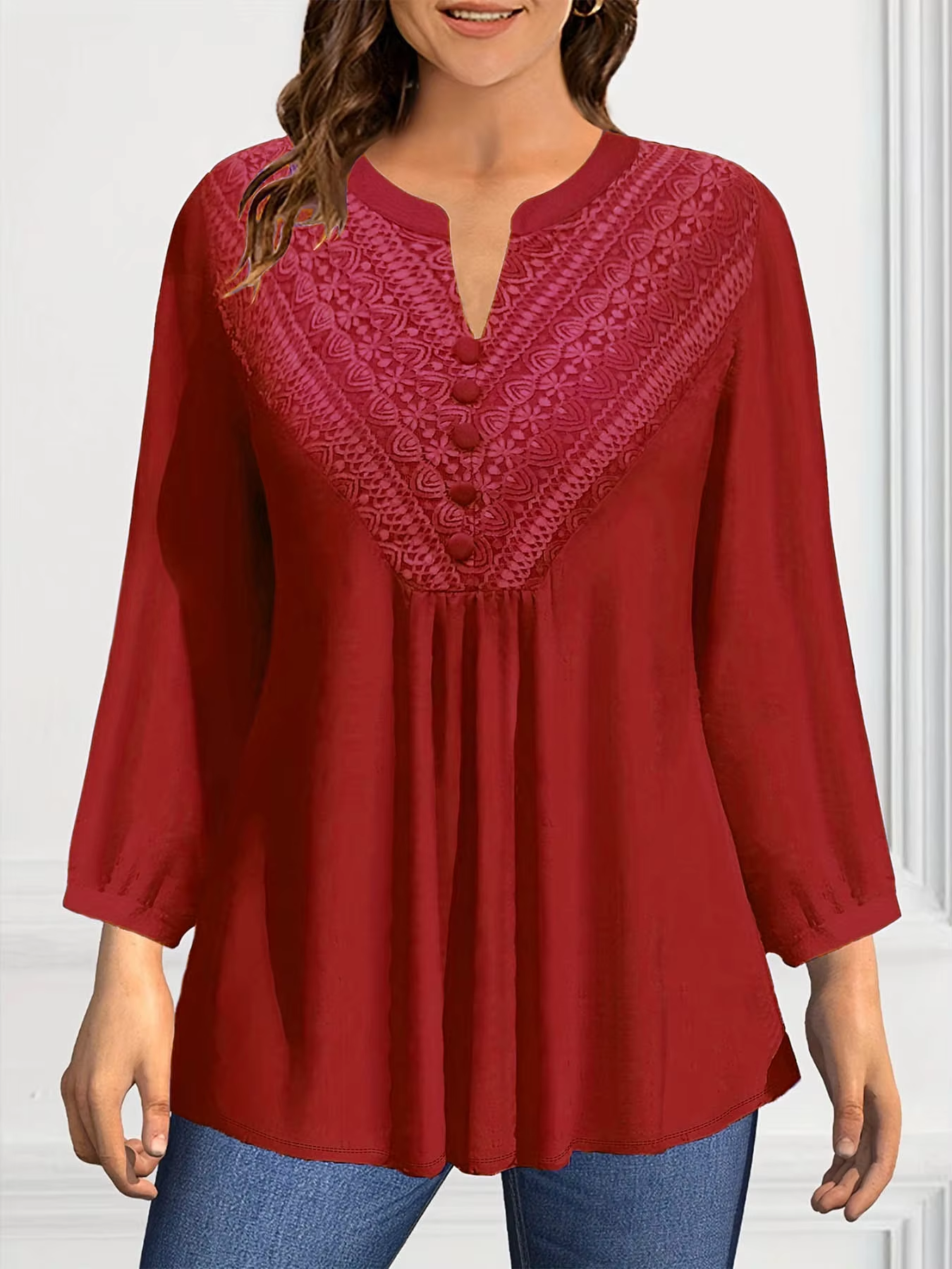 Frauen Casual Plus Größe Blusen Taste V-ausschnitt Spitze Elegante Casual Solide Plissee Mode Langarm Herbst Shirts Tops 2025