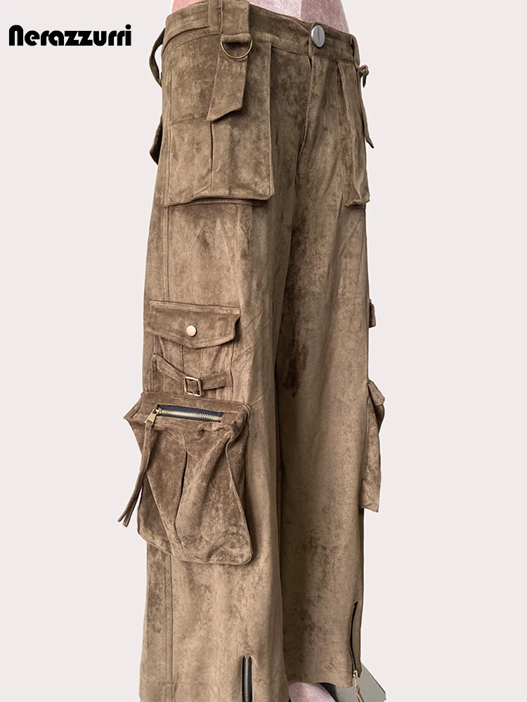 Nerazzurri Frühling Coole Lange Weiche Faux Wildleder Leder Gerade Cargo Hosen Frauen Viele Taschen Hohe Taille Luxus Designer Kleidung