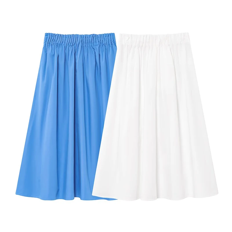RAFZNB Poplin High Waist Midi Skirt for Women Fashion Elastic Waist Skirts Vintage Female Chic Skirts