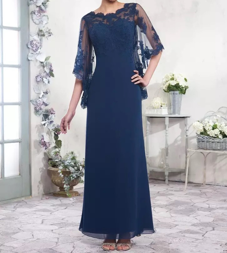Robe mère de la mariée en mousseline de soie, bleu marine, col rond, cape trapèze, demi-manches, appliques en dentelle, soirée formelle de mariage, quelle que soit la nouvelle
