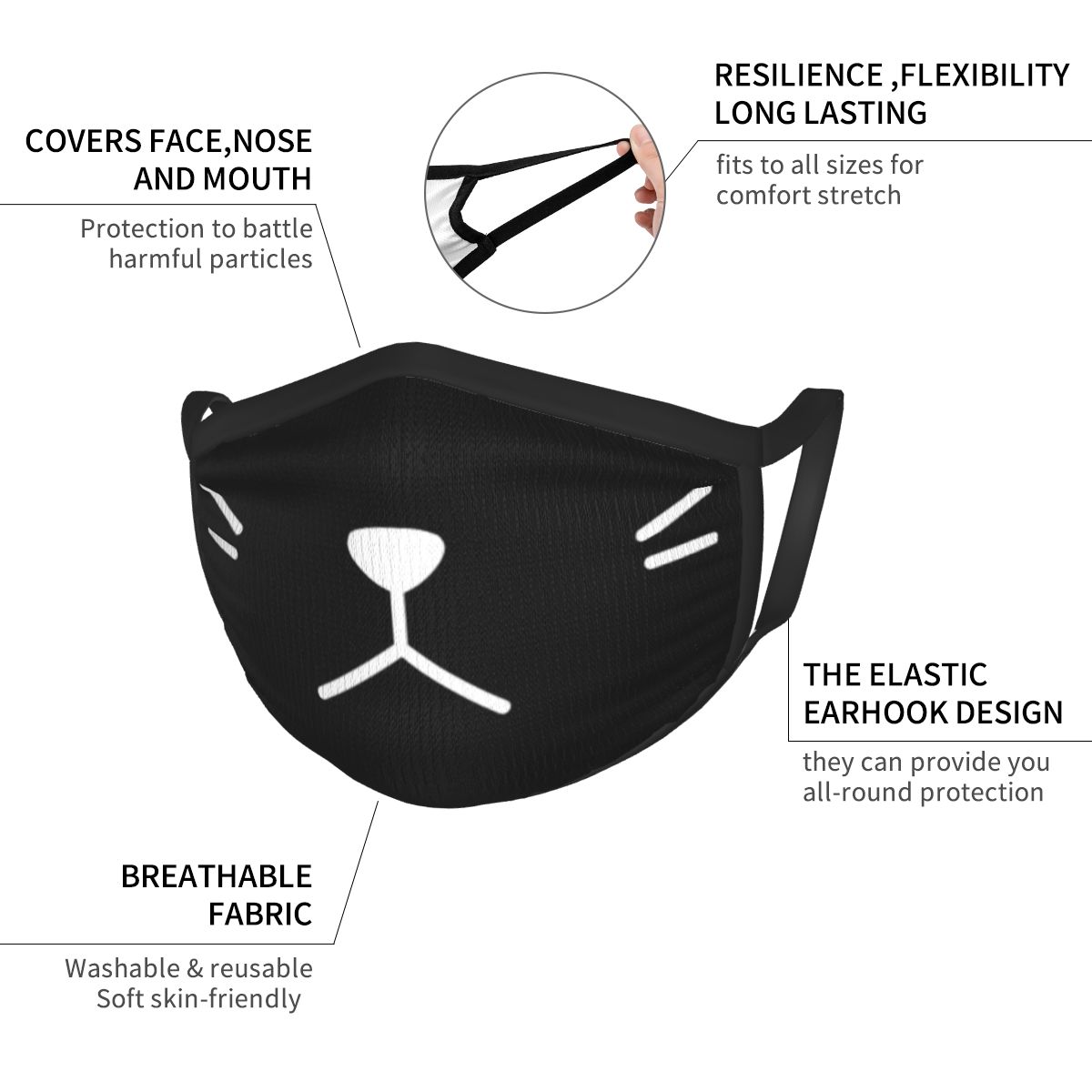 子供のためのmehキティフェイスマスク、口の保護、再利用可能、通気性、防塵、黒