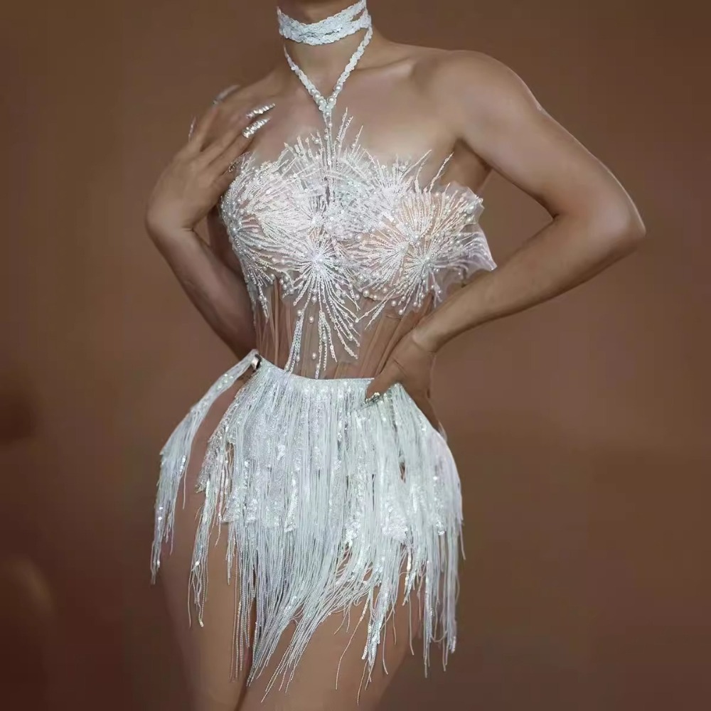 Glamoureuze Kwastje Mesh Verjaardagsfeestje Jurk Stage Performance Kostuum Dans Taille Splicing Hip Wrap Rok Outfit Vestidos De Gala