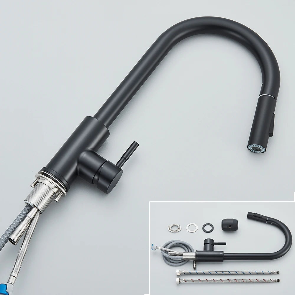 Black Kitchen Faucet Two Function Single Handle Pull Out Mixer  Hot and Cold Water Taps Deck Mounted