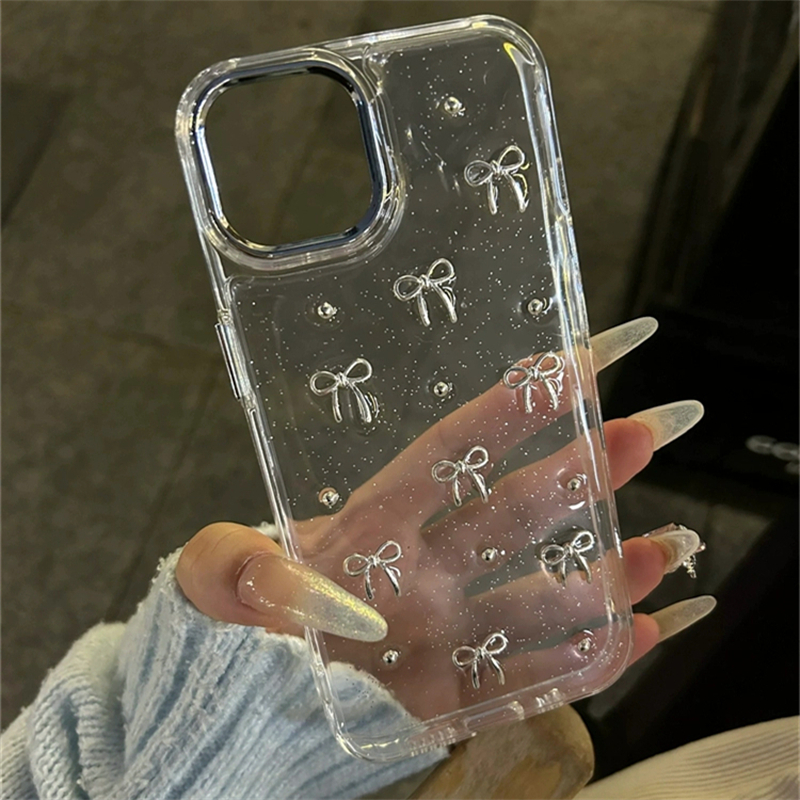 INS Corea brillo 3D cuentas de lazo plateado funda de teléfono para iPhone 16 15 14 13 12 11 Pro Max 7 8 Plus X XS carcasa epoxi chica cubierta transparente