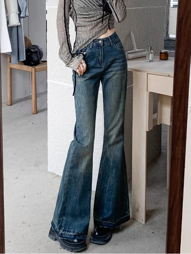 Grat Edge Design Vintage Flare Jeans hohe Taille Korea lässig dünne Jeans hose neue Frauen Streetwear strecth Boot Cut Vaqueros