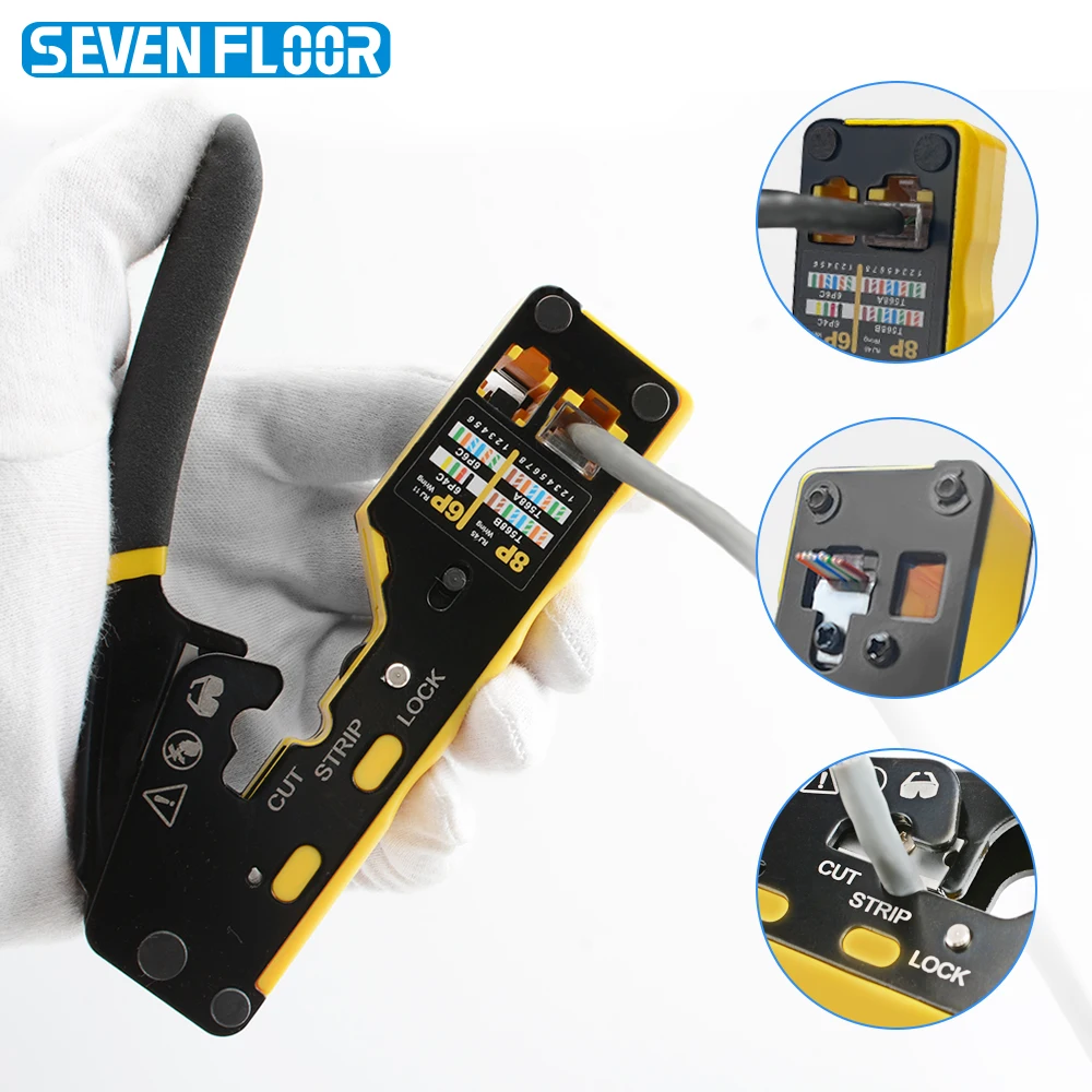 Crimper de rede RJ45 tipo EASY - crimpagem/corte/tira 3 em 1 Lan CAT6A/6/5E (STP/UTP) e cabo modular RJ11/12 Tel