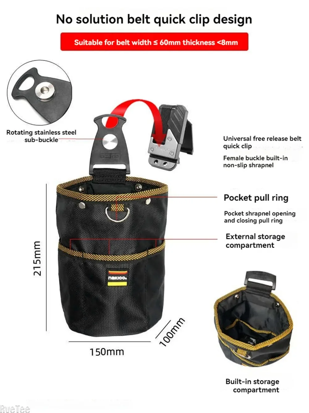 NAKIOO 1680D Oxford ผ้ากระเป๋าเครื่องมือ Rotatable Quick-แขวนเล็บเครื่องมือสําหรับงานไม้ช่างไฟฟ้าเครื่องมือช่าง Organizer