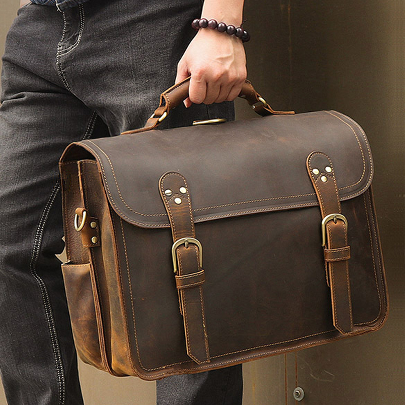 Crazy Horse-maletín de cuero genuino para hombre, bolso grande de negocios, bolso de oficina, funda para portátil de 15,6"