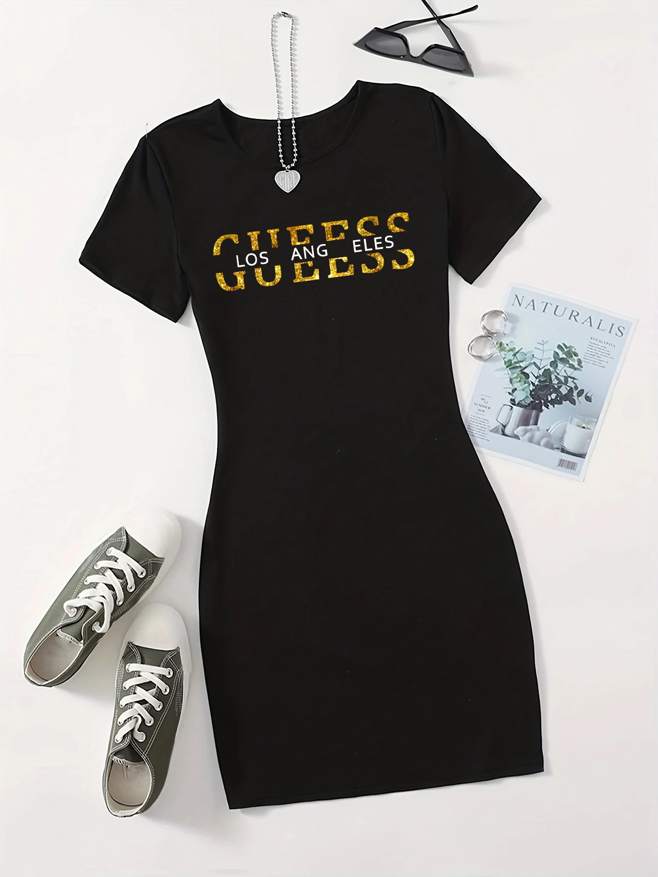 Verão senhoras godess los angeles impresso casual sexy fino ajuste hip abraçando manga curta em torno do pescoço camiseta curta mini saia