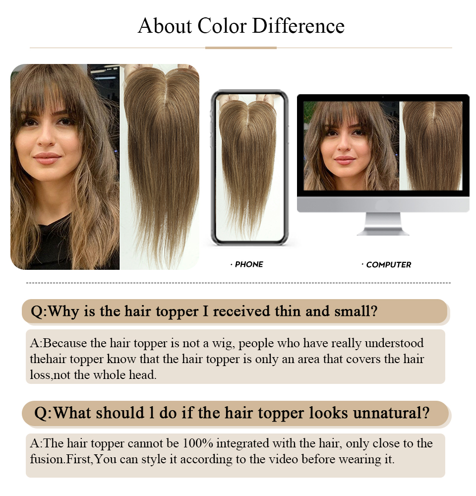 Cabelo Remy para Mulheres, 100% Cabelo Humano com Franja, Clipe Base de Seda, Marrom Dourado, Top Hairpieces, 14"
