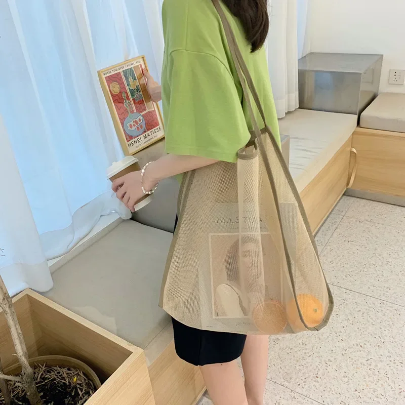 Bolsa de playa, bolsa de compras de gran capacidad, malla transparente, reutilizable, organizador de viaje portátil de moda, bolsa de almacenamiento ecológica