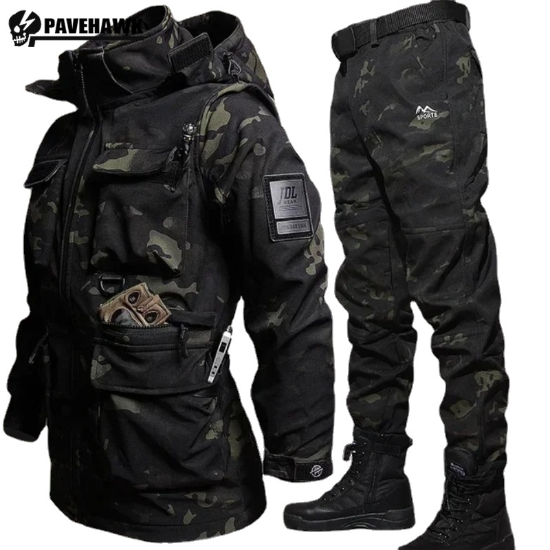 Herren taktisches Set Winter wasserdicht warm Trainings anzug Multi-Tasche verschleiß feste Kapuzen jacke Kordel zug verdicken Hose 2-tlg